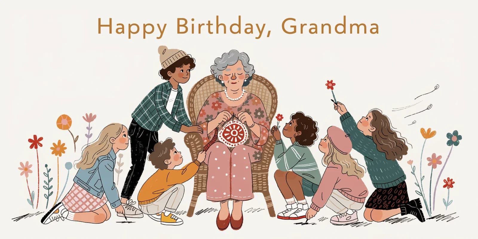 Personalized birthday card for grandma with vintage botanical illustration and lettered name on warm cream