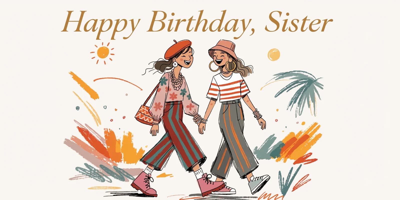Personalized birthday card for sister with bright botanical illustration and lettered name on warm cream