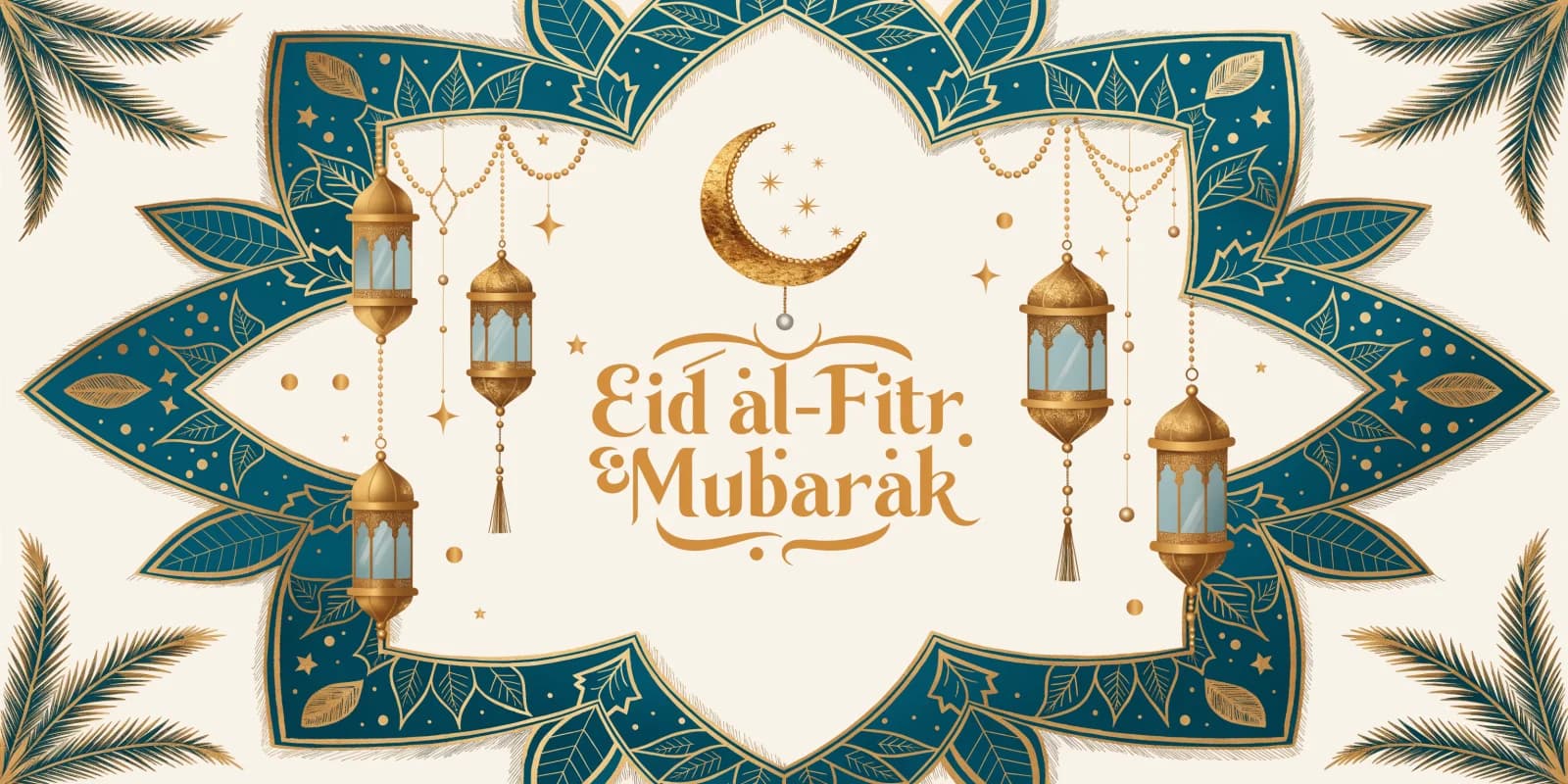 Personalized Eid al-Fitr Mubarak card with gold calligraphy lantern and crescent moon on emerald background