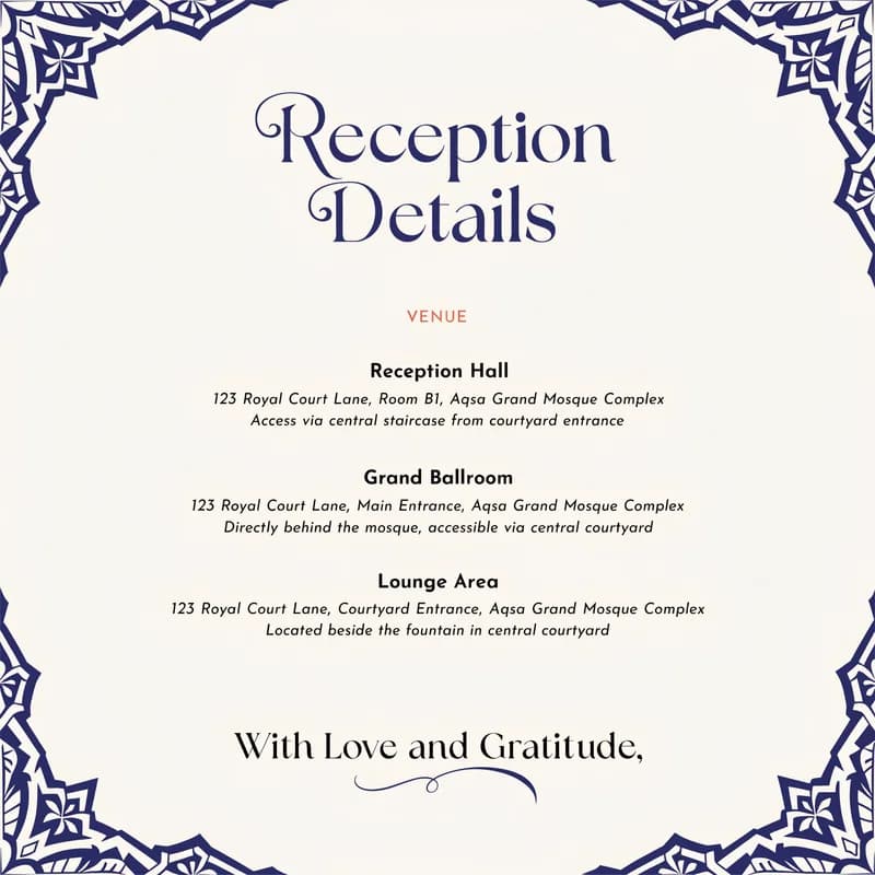Islamic wedding details card with arabesque border