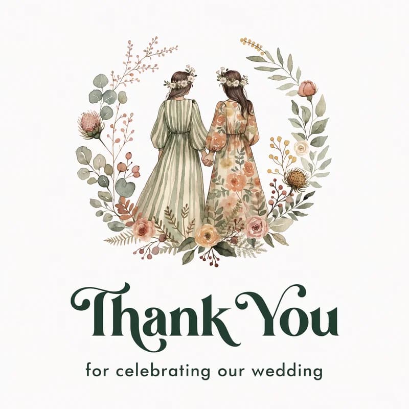 Illustrated couple portrait thank-you card with botanical wreath