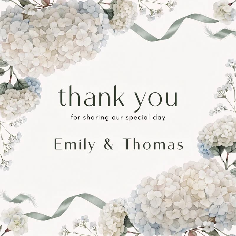Pastel floral wedding thank-you card with elegant serif names