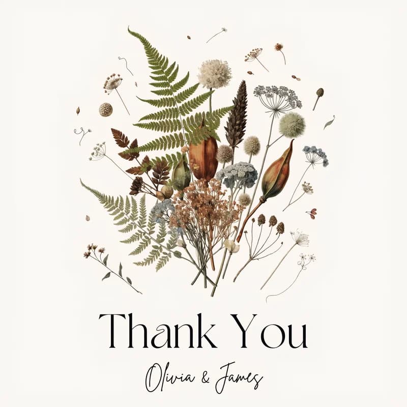 Rustic botanical wedding thank-you card with pressed-flower illustration