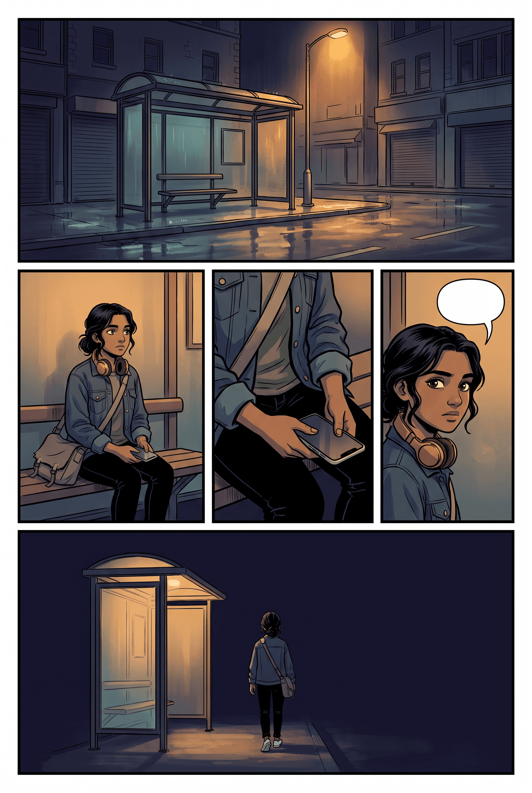Atmosphärische Graphic-Novel-Seite mit filmischer Panel-Aufteilung und nächtlicher Stimmung