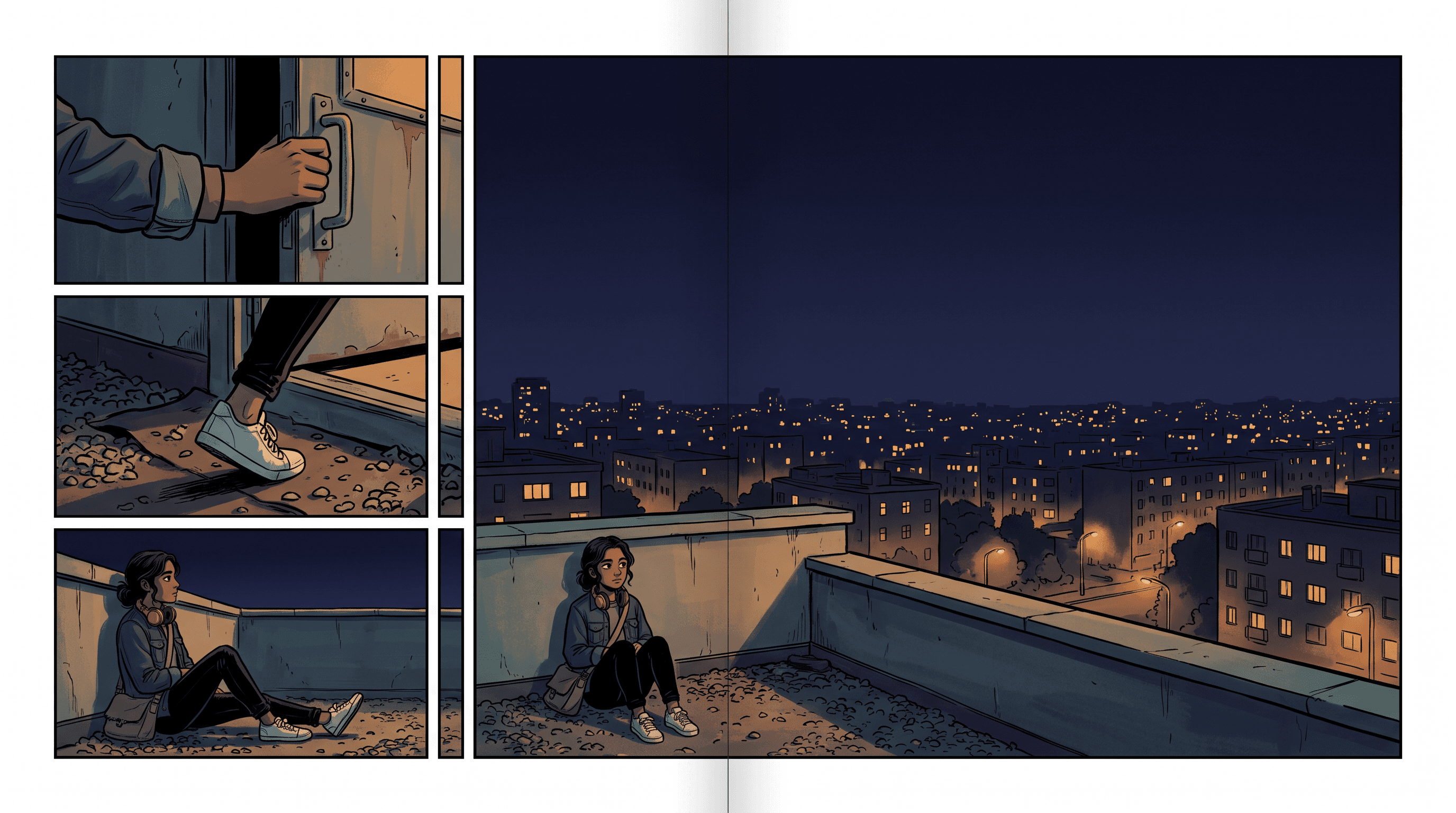 Doppelseitige Graphic-Novel-Spread-Illustration mit Skyline