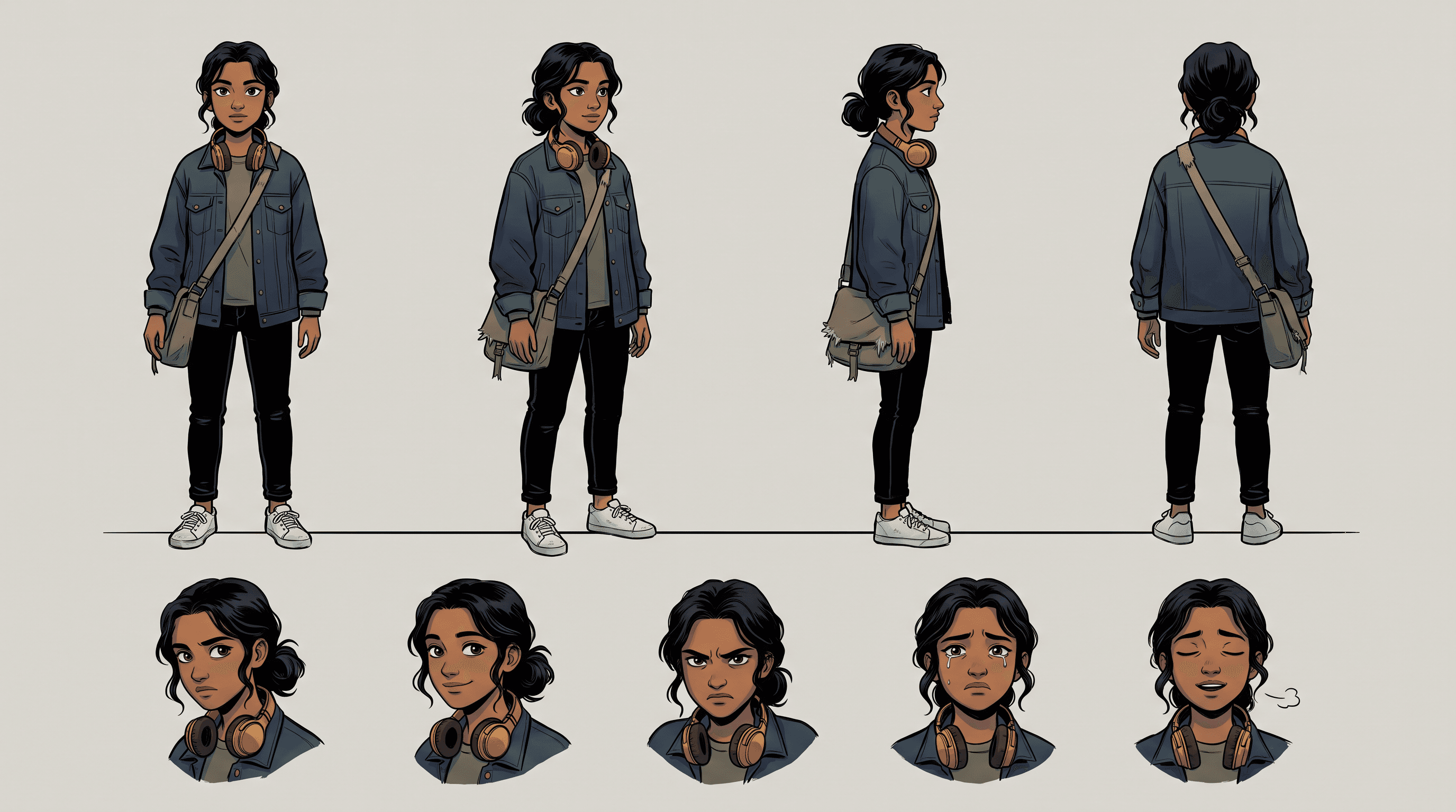 Graphic-Novel-Model-Sheet mit Charakter-Turnaround und Mimik-Studien