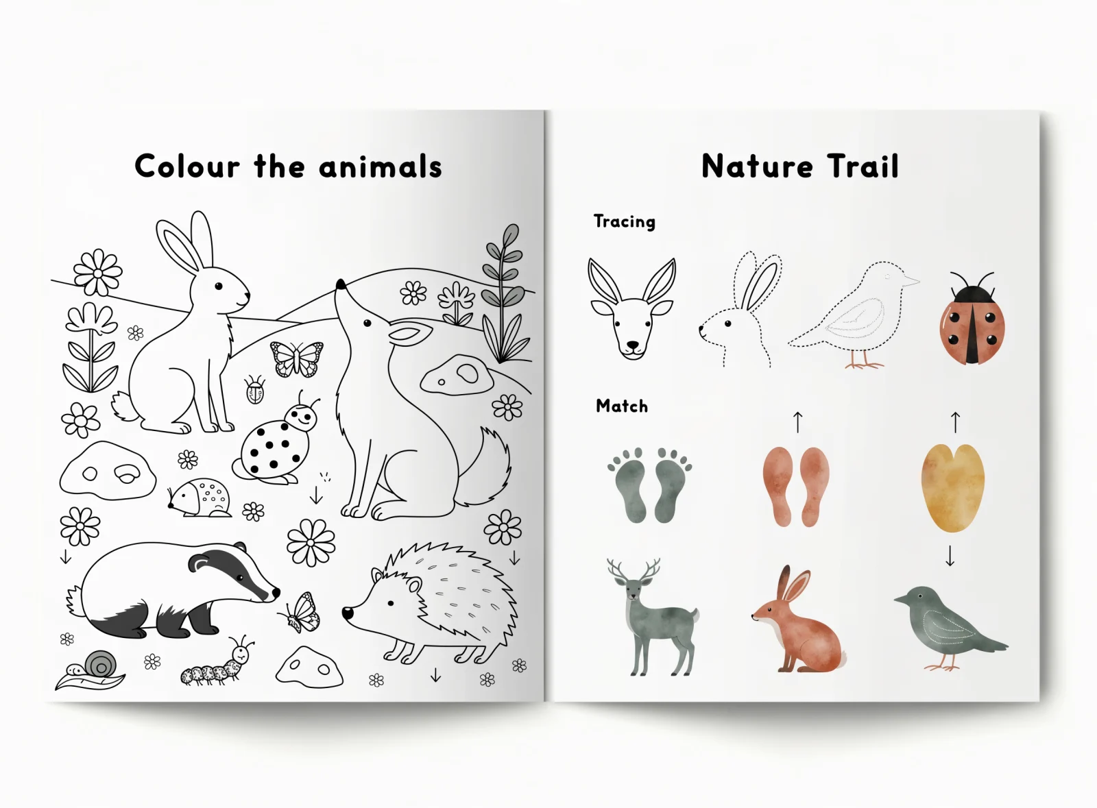 An open activity booklet spread with a colouring scene and a tracing and matching exercise