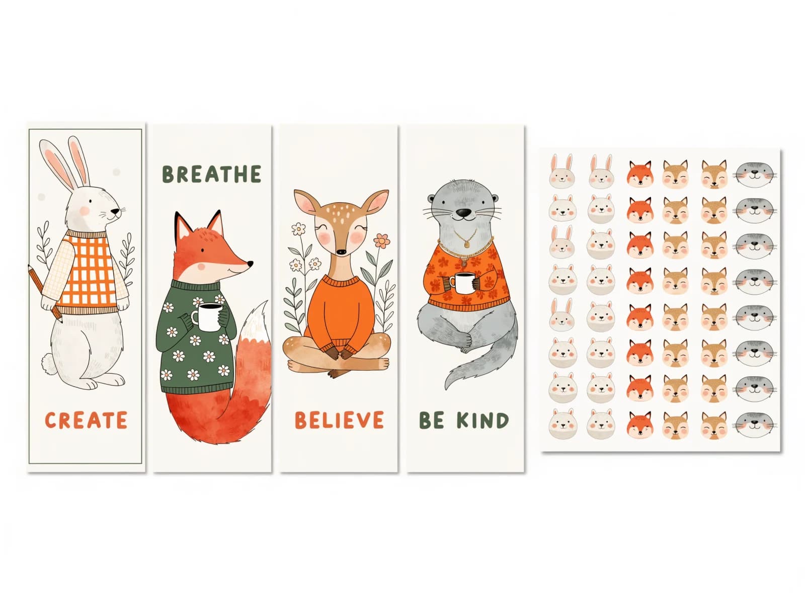 Four bookmarks beside a sheet of round character stickers