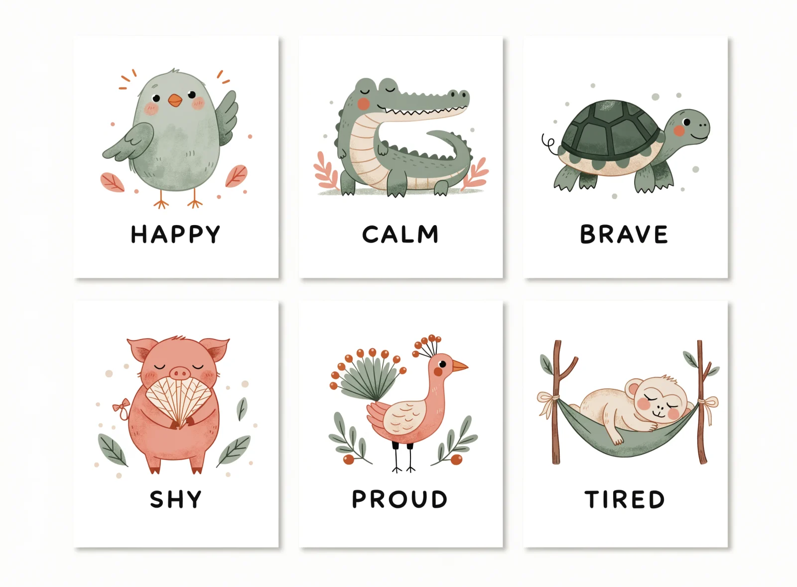 Six emotion flashcards, each with one animal character and a single feeling word