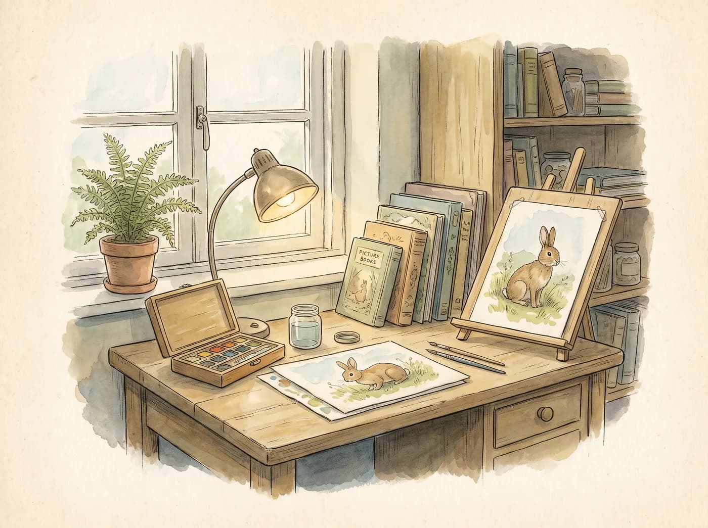 A studio desk by a window with a paint box, picture books and a half-finished painting