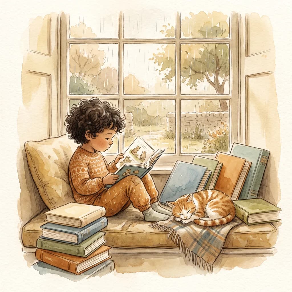 A child reading a picture book in a window seat