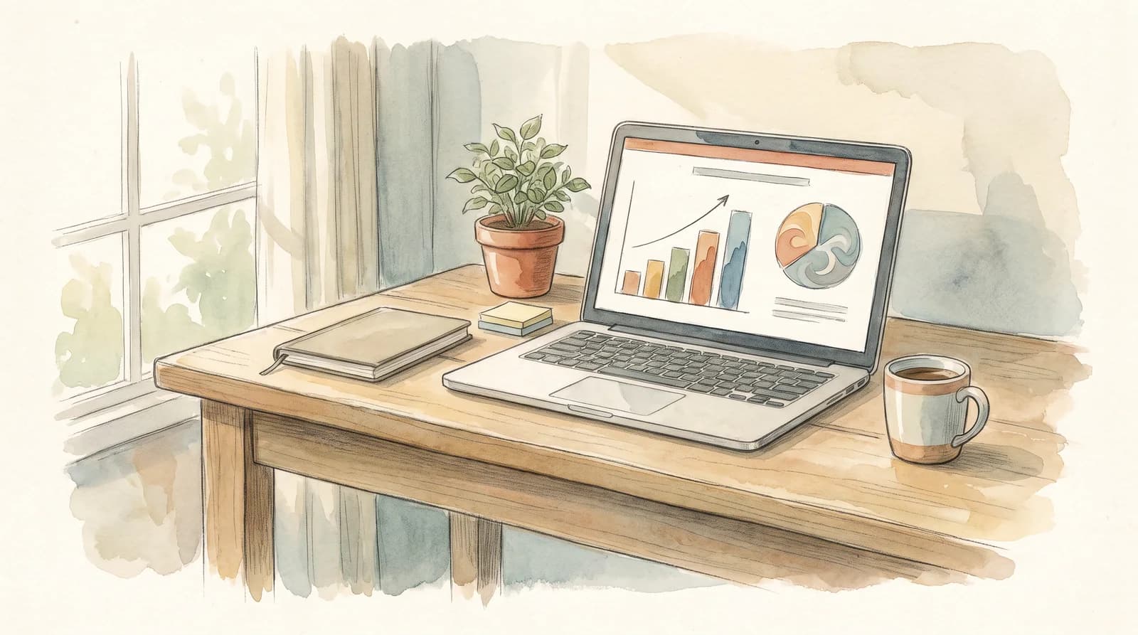 A laptop showing a presentation slide with simple charts