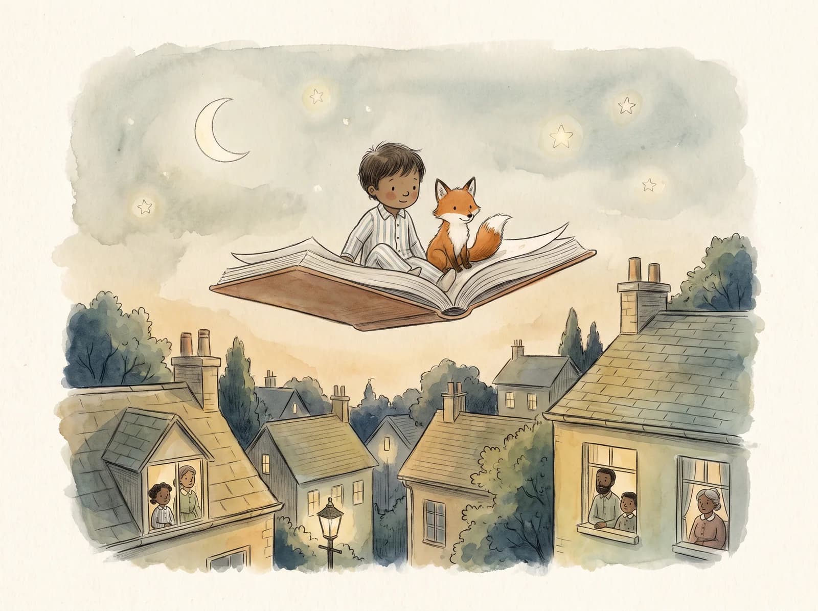 A child and a fox riding a floating picture book over rooftops at dusk