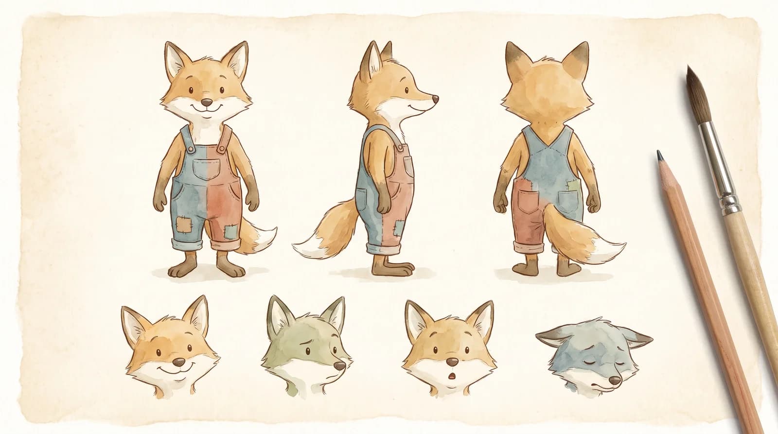 A character sheet: one fox drawn from the front, side and back, with expression studies