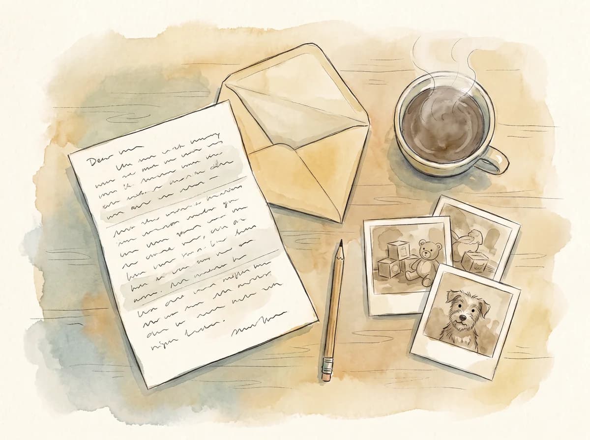 A desk with a handwritten brief, three small photos and a pencil