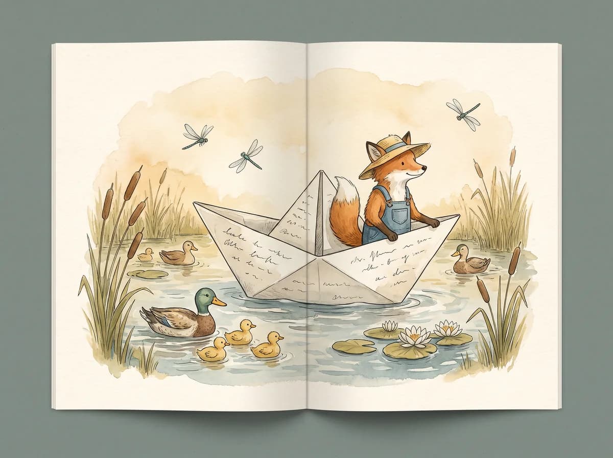 The same scene finished in watercolour: a fox sailing a paper boat on a pond
