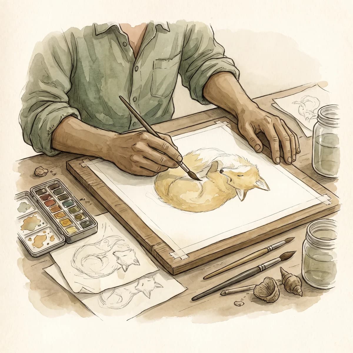An illustrator painting a watercolour of a fox at a desk
