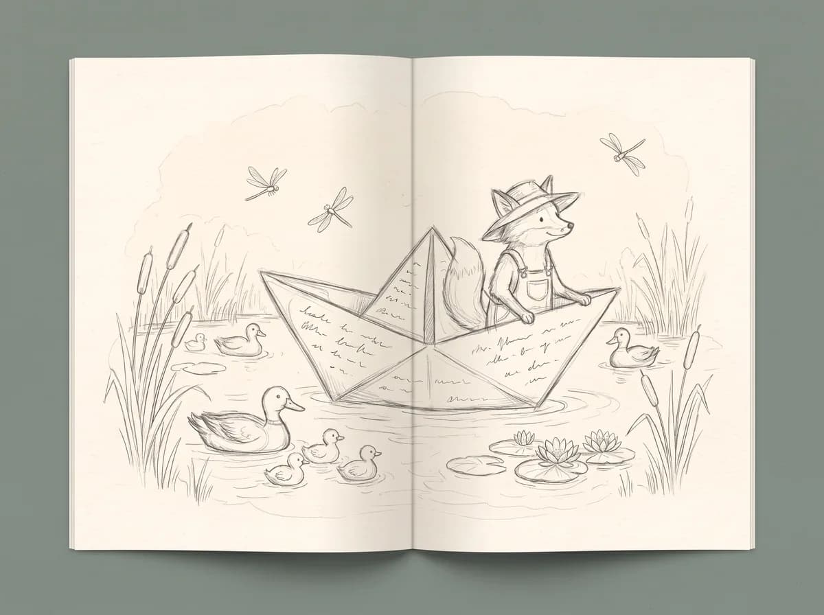 A pencil sketch of a fox sailing a paper boat on a pond