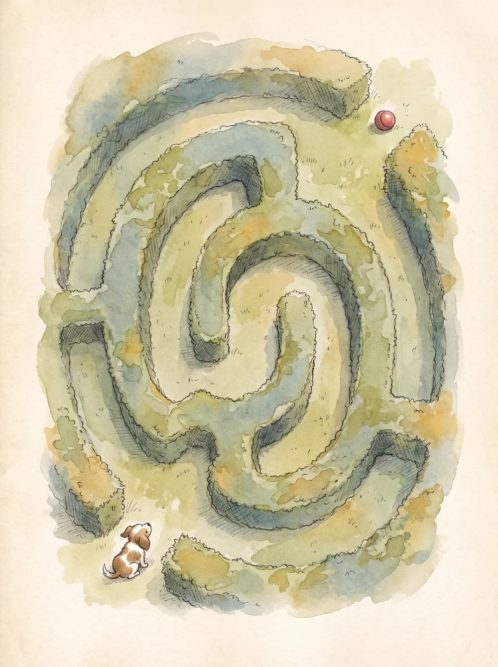 A wide-path maze leading a puppy to its ball