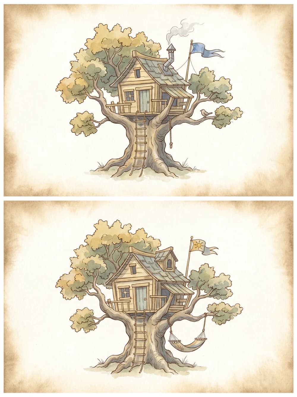 Two treehouse pictures for spot the difference