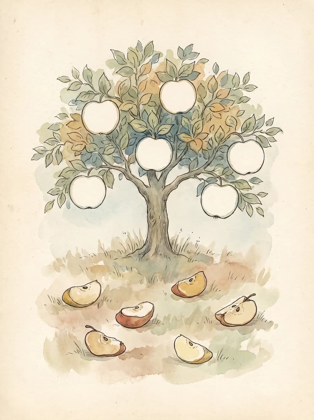 A tree page with loose apple pieces to count