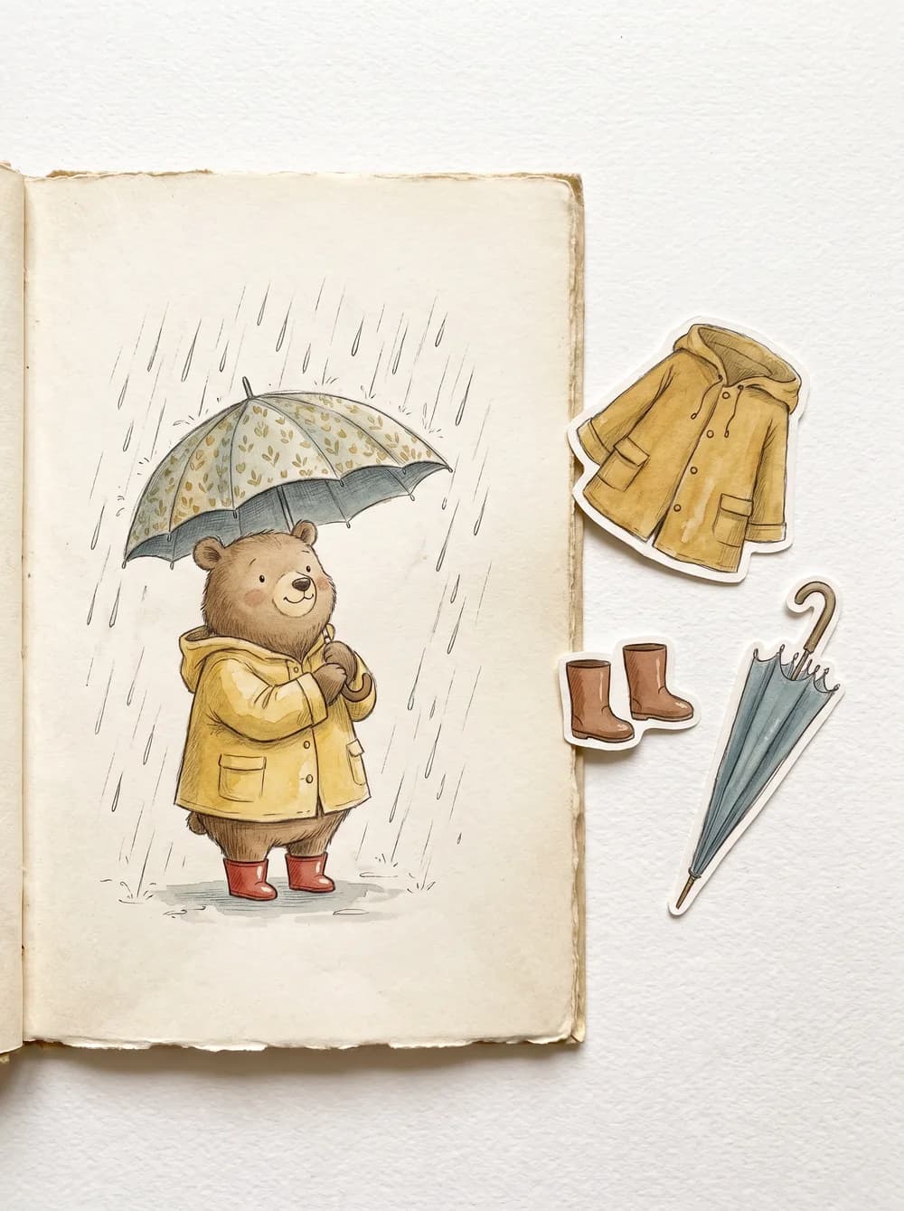 A dress-the-bear page with loose coat, boots and umbrella pieces