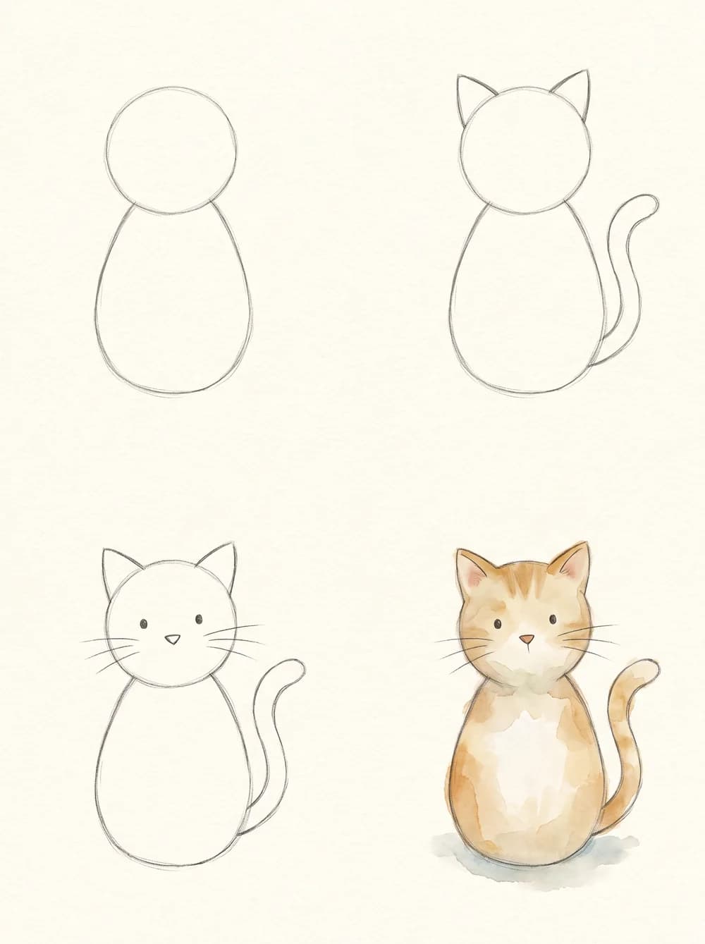 Four steps building a cat from simple shapes