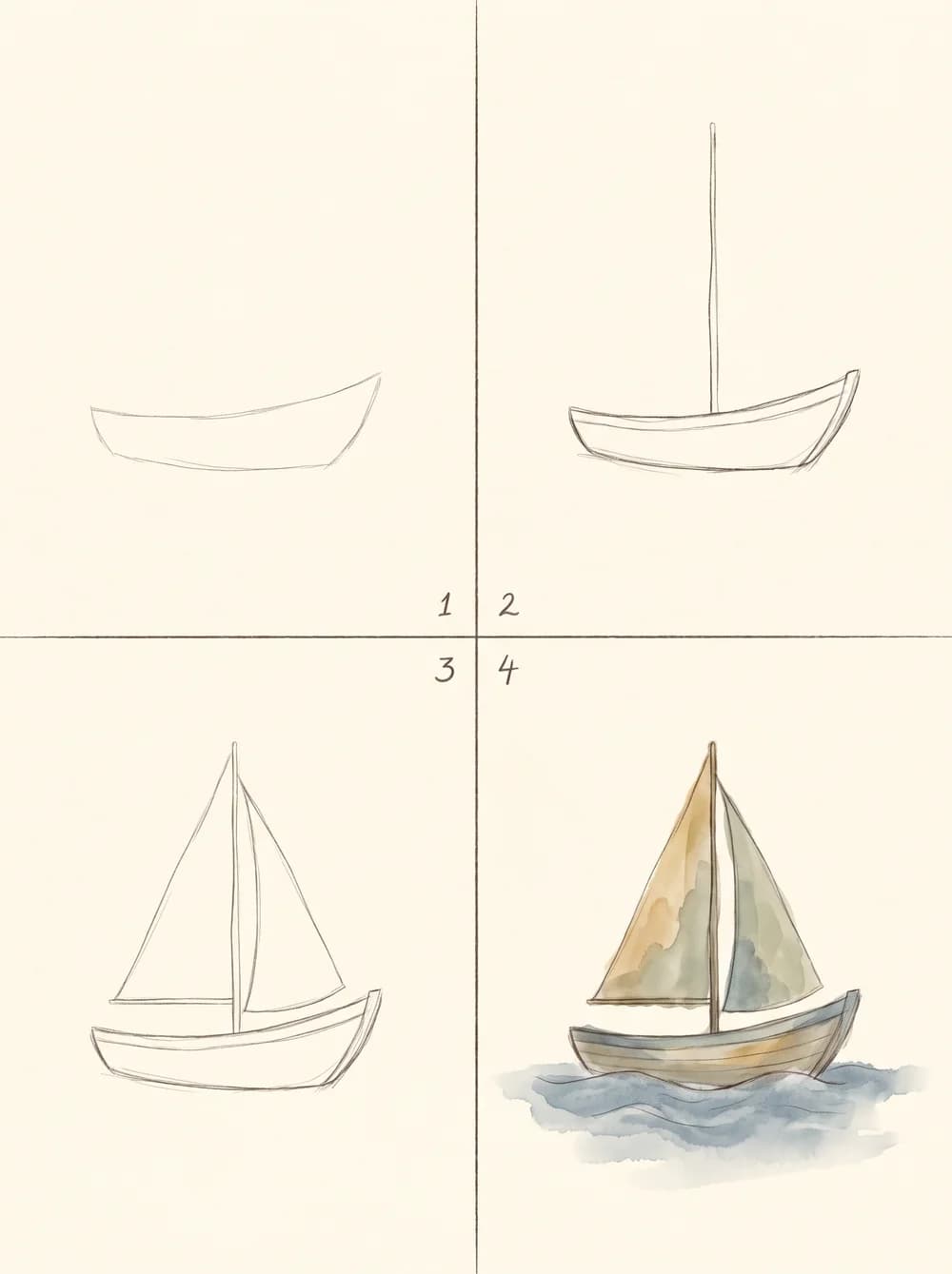 Four steps building a sailing boat from simple shapes