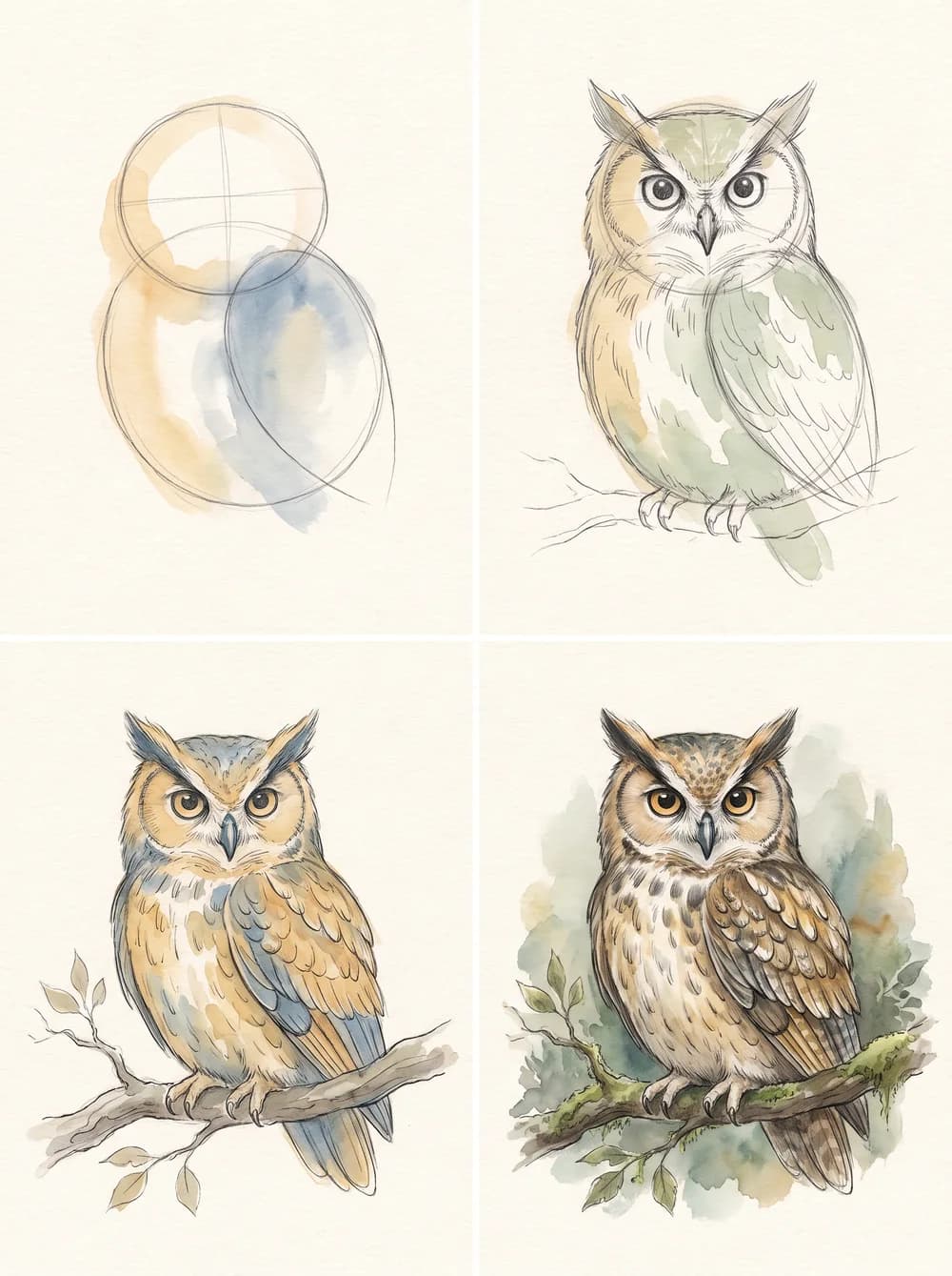Four steps building an owl from simple shapes