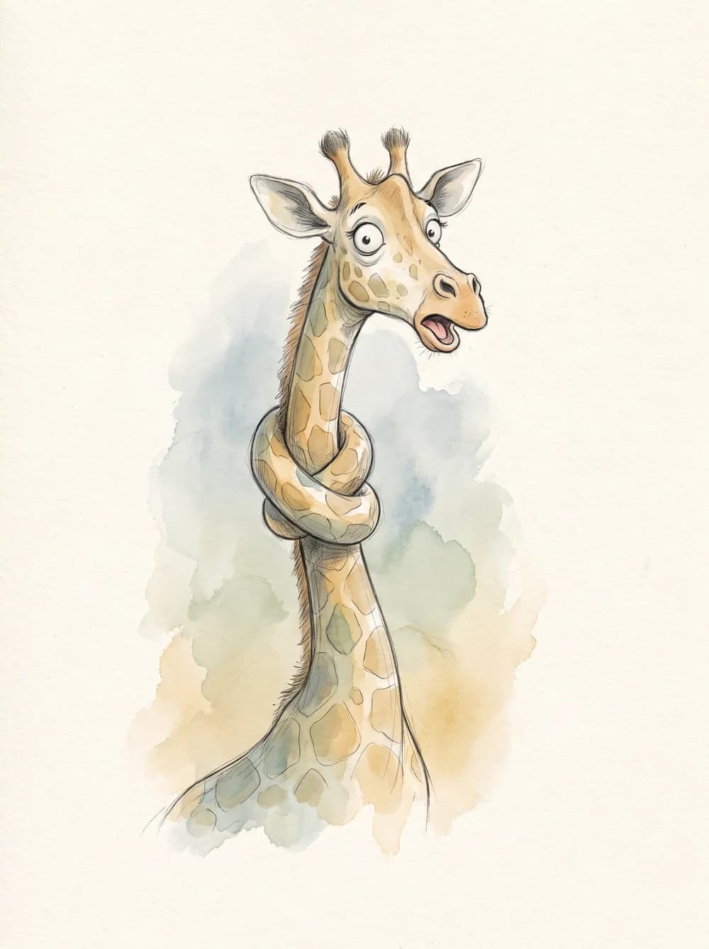 A giraffe with its neck tied in a knot from laughing