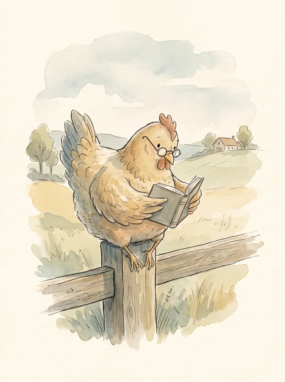 A chicken in glasses reading a tiny book