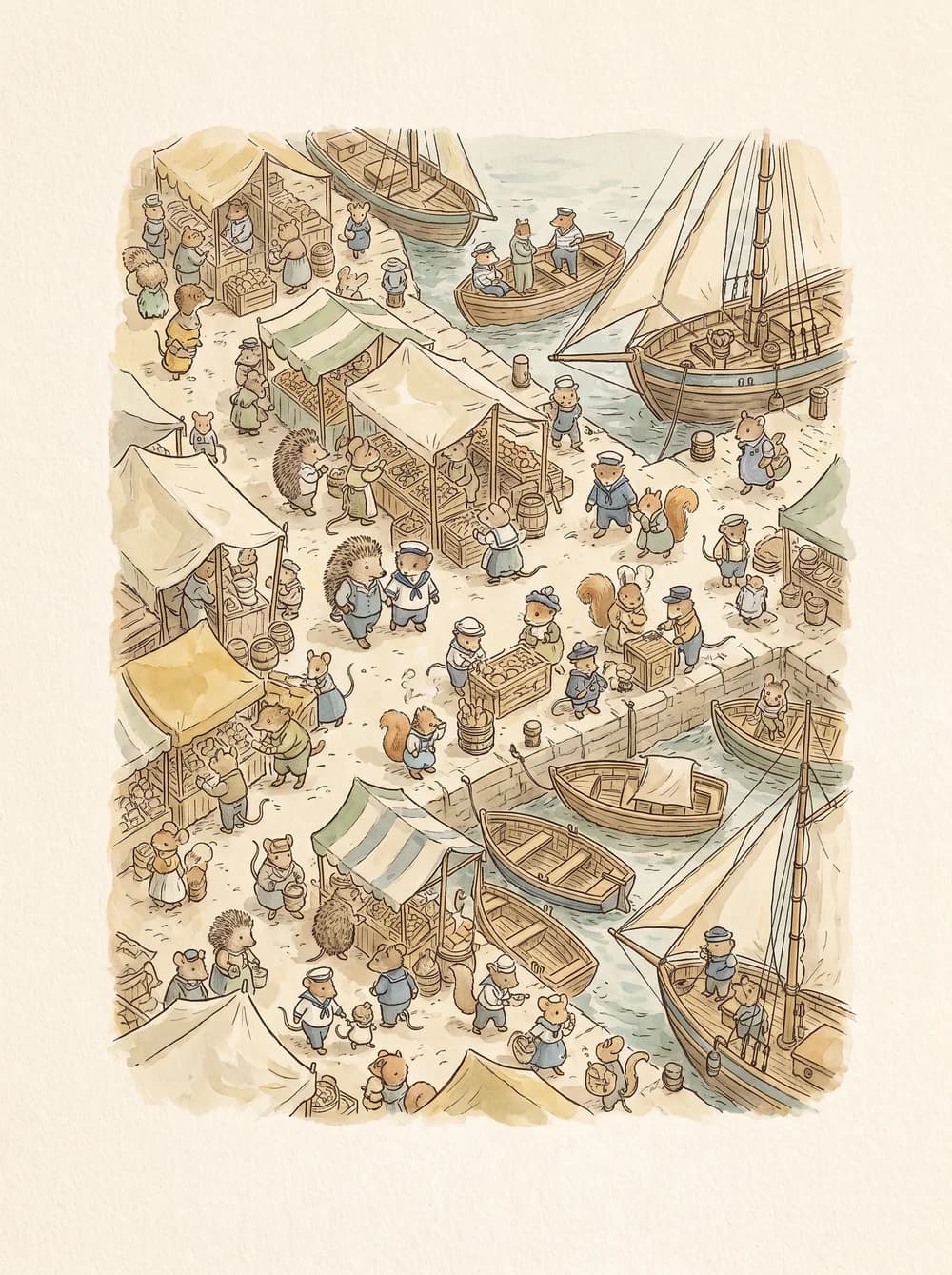 A busy harbour full of animal sailors and market stalls
