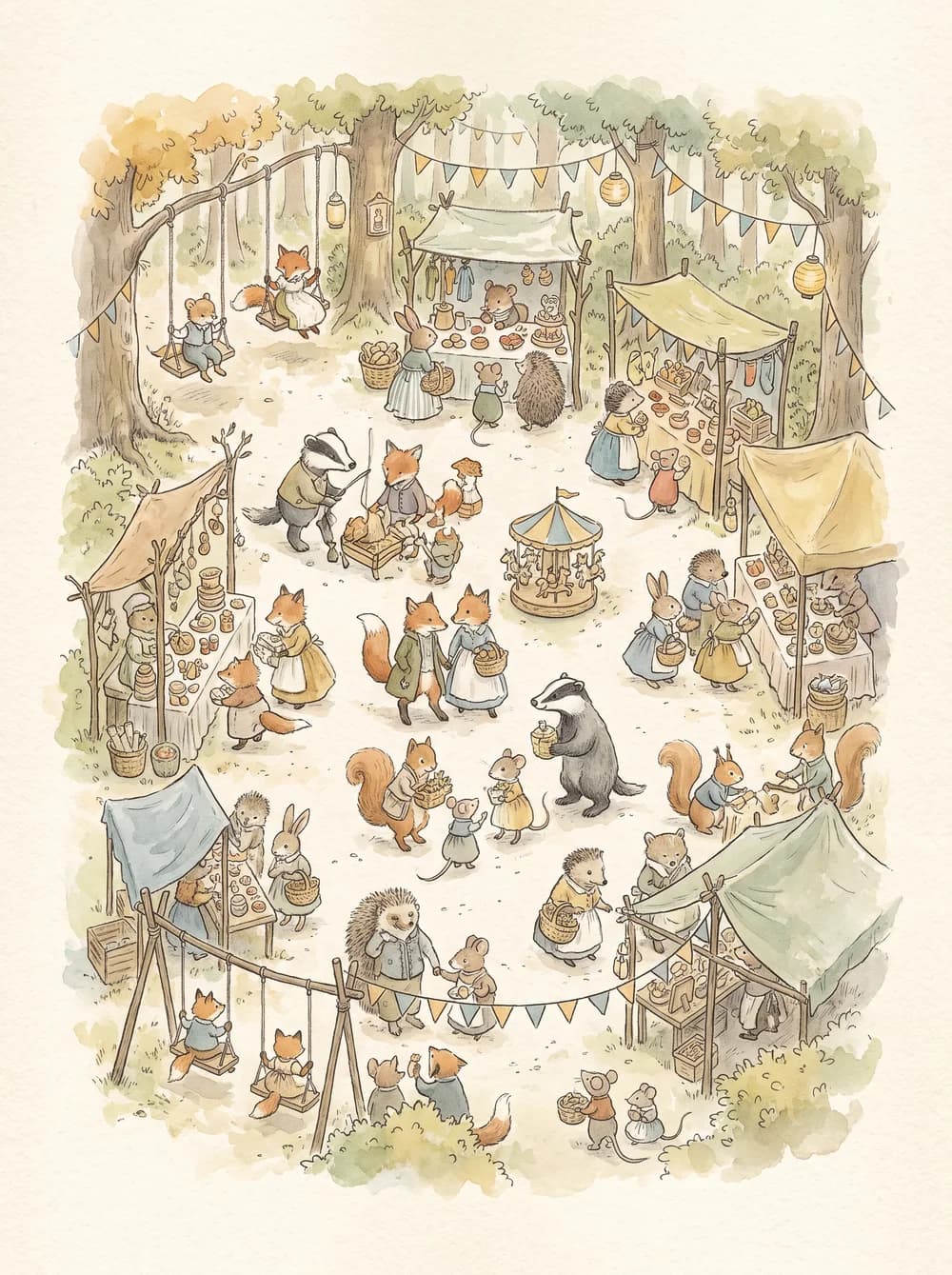 A crowded woodland fair with dozens of small animals
