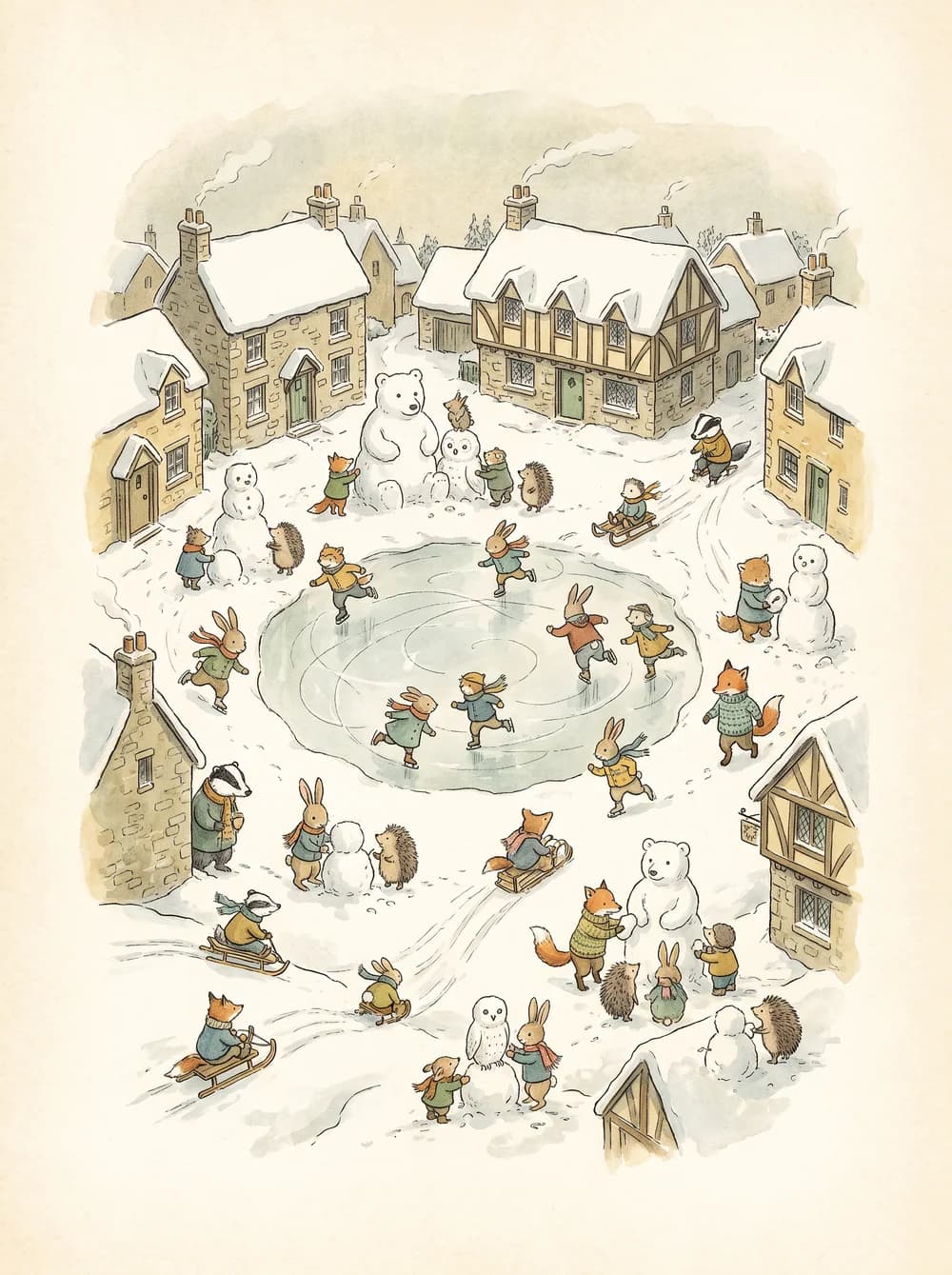 A snowy village square full of animals skating and sledging