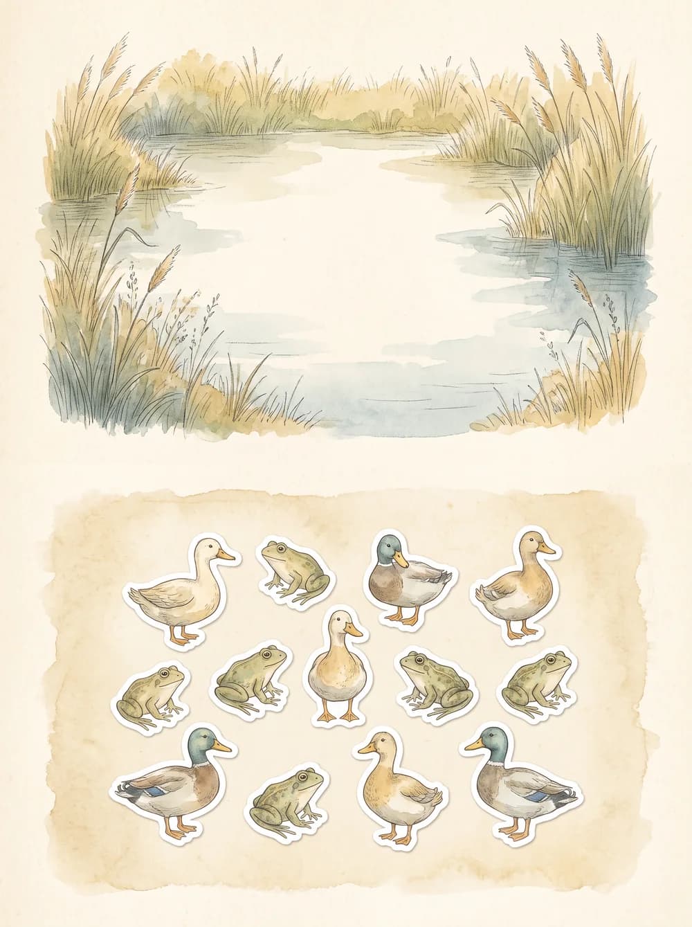A pond scene with open water beside a sheet of duck and frog stickers