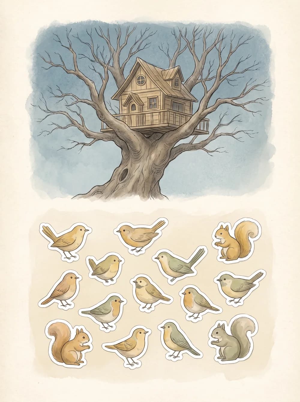 A treehouse scene beside a sheet of bird and squirrel stickers