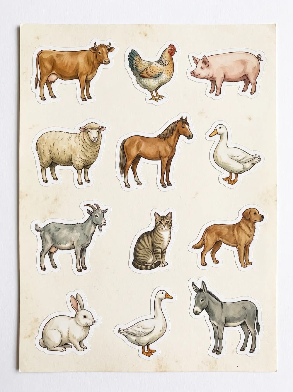 A sheet of painted farm animal stickers with white edges