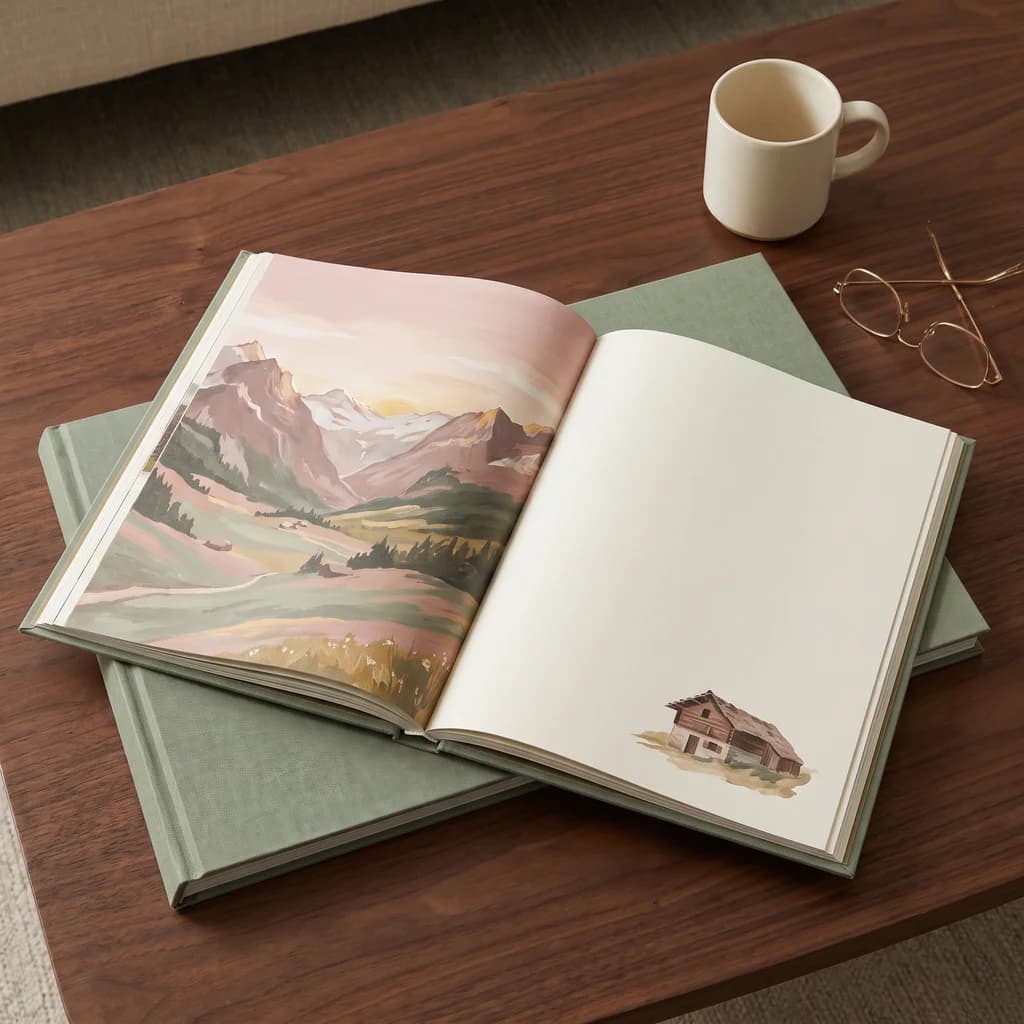 A large linen-bound custom coffee table book open on a walnut table to a full-bleed painted alpine valley at dawn