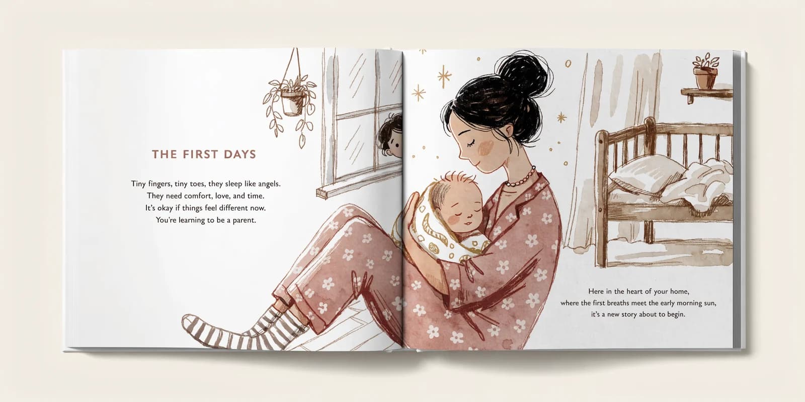 A personalized baby book open showing illustrated family characters and a warm welcome scene
