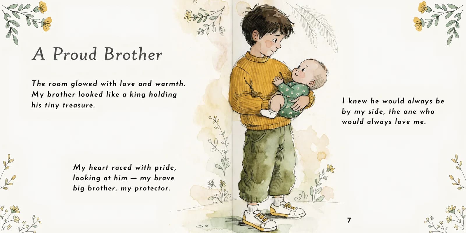 A personalized big brother children's book open showing an illustrated child character proudly holding a new baby sibling
