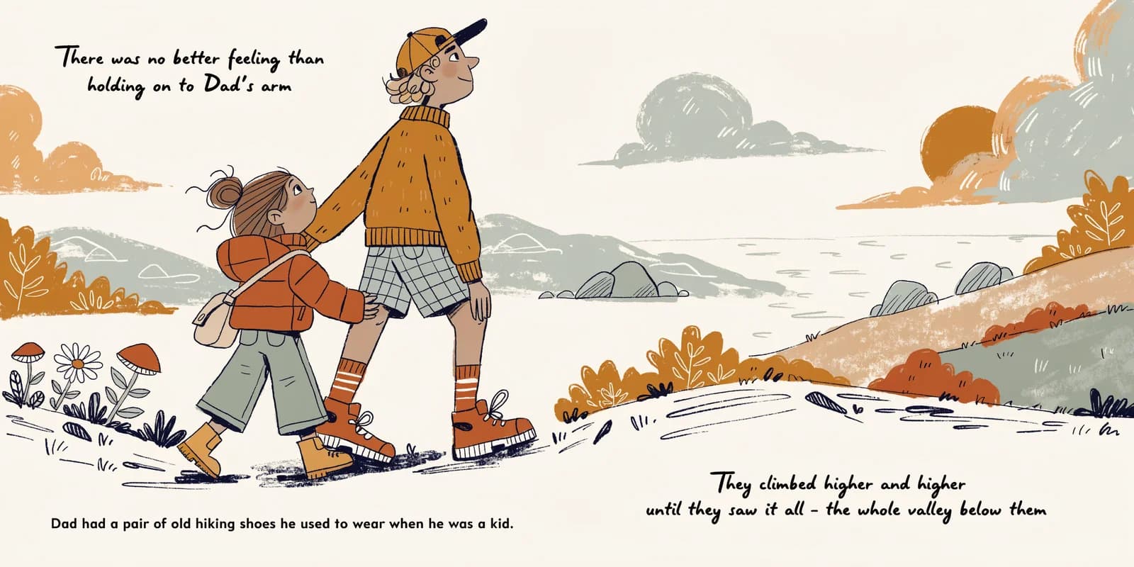 A personalized keepsake book for dad open on a wooden desk with a warm pen-and-ink illustration of a father-child memory