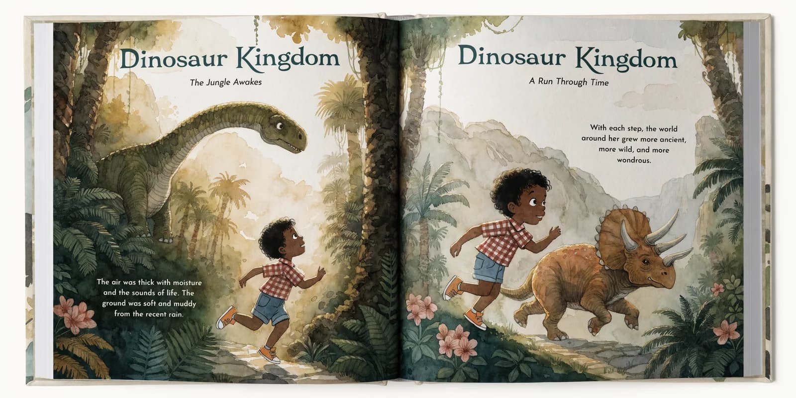 A personalized children's dinosaur book open on a desk showing a child explorer character facing a friendly illustrated Triceratops