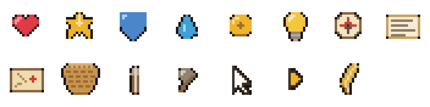 Pixel art icon sheet: heart, star, shield, water drop, coin, lightbulb, compass, scroll, map, basket, spear, axe, cursor, selector and grain