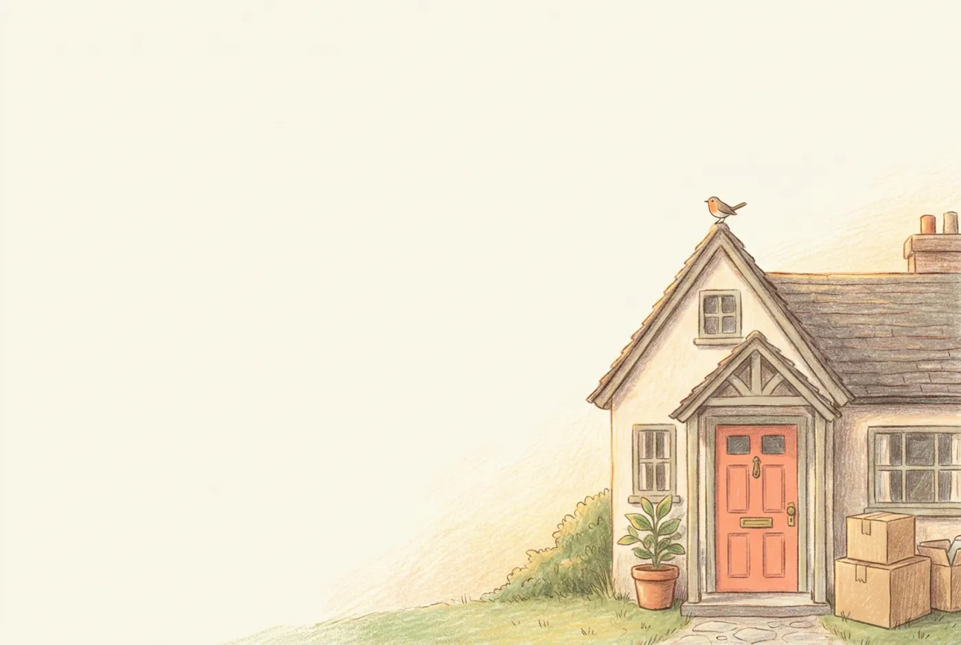 Storybook cottage moving announcement postcard with moving boxes by a coral front door