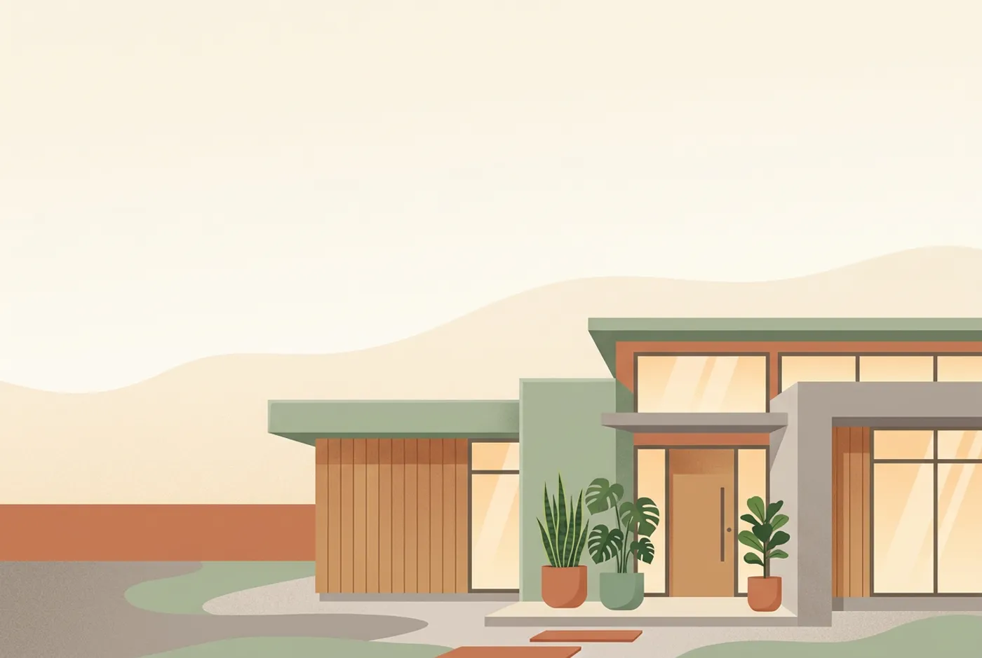 Modern flat-illustration moving announcement postcard with a contemporary home