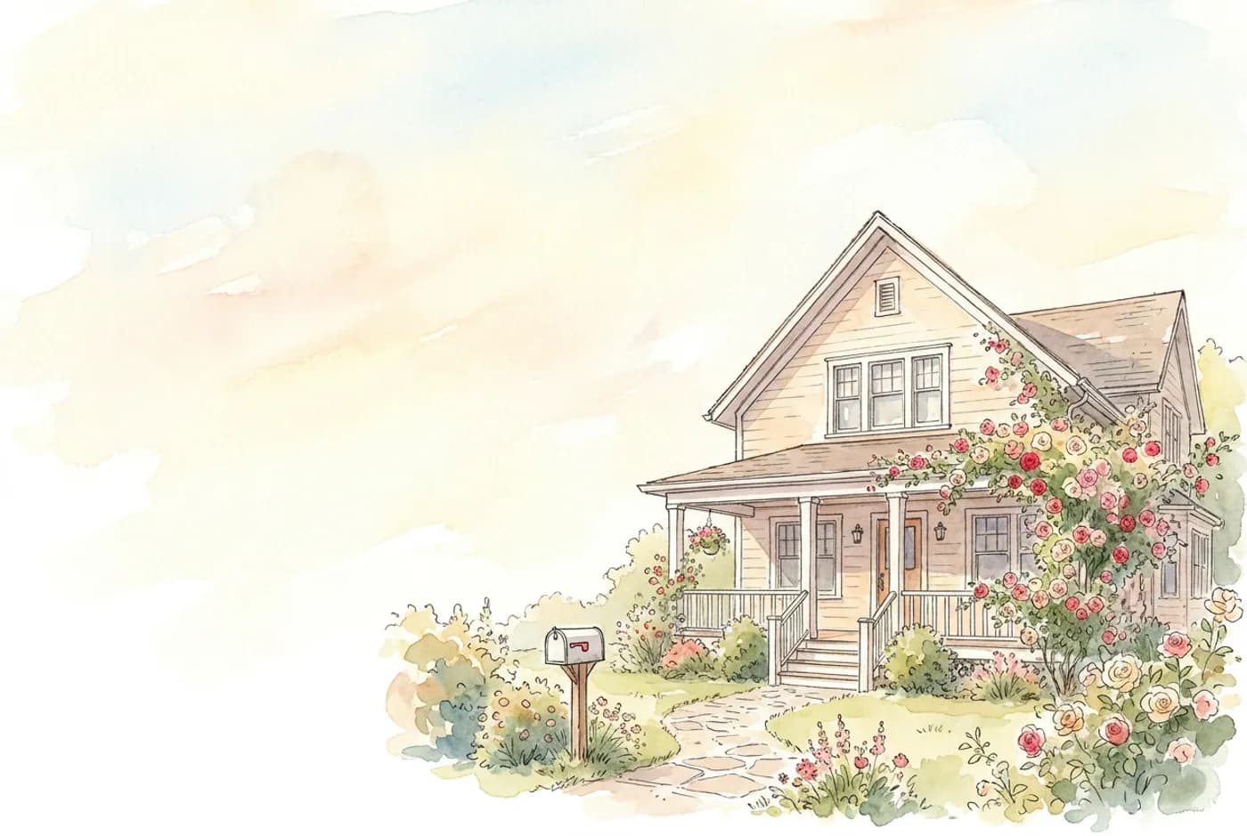 Watercolor house-portrait moving announcement postcard with a rose-covered family home