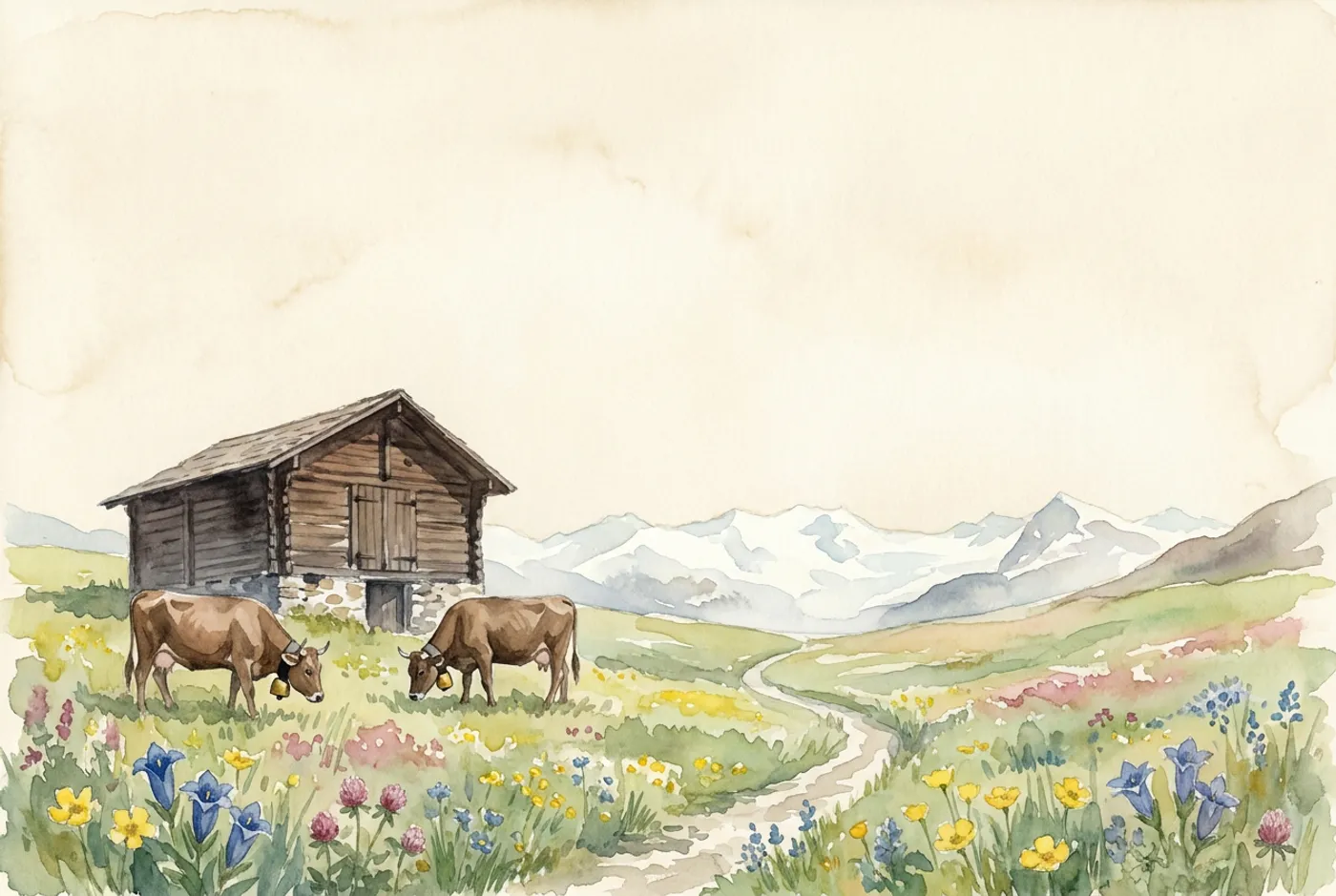 Alpine Meadow postcard illustration with summer wildflowers