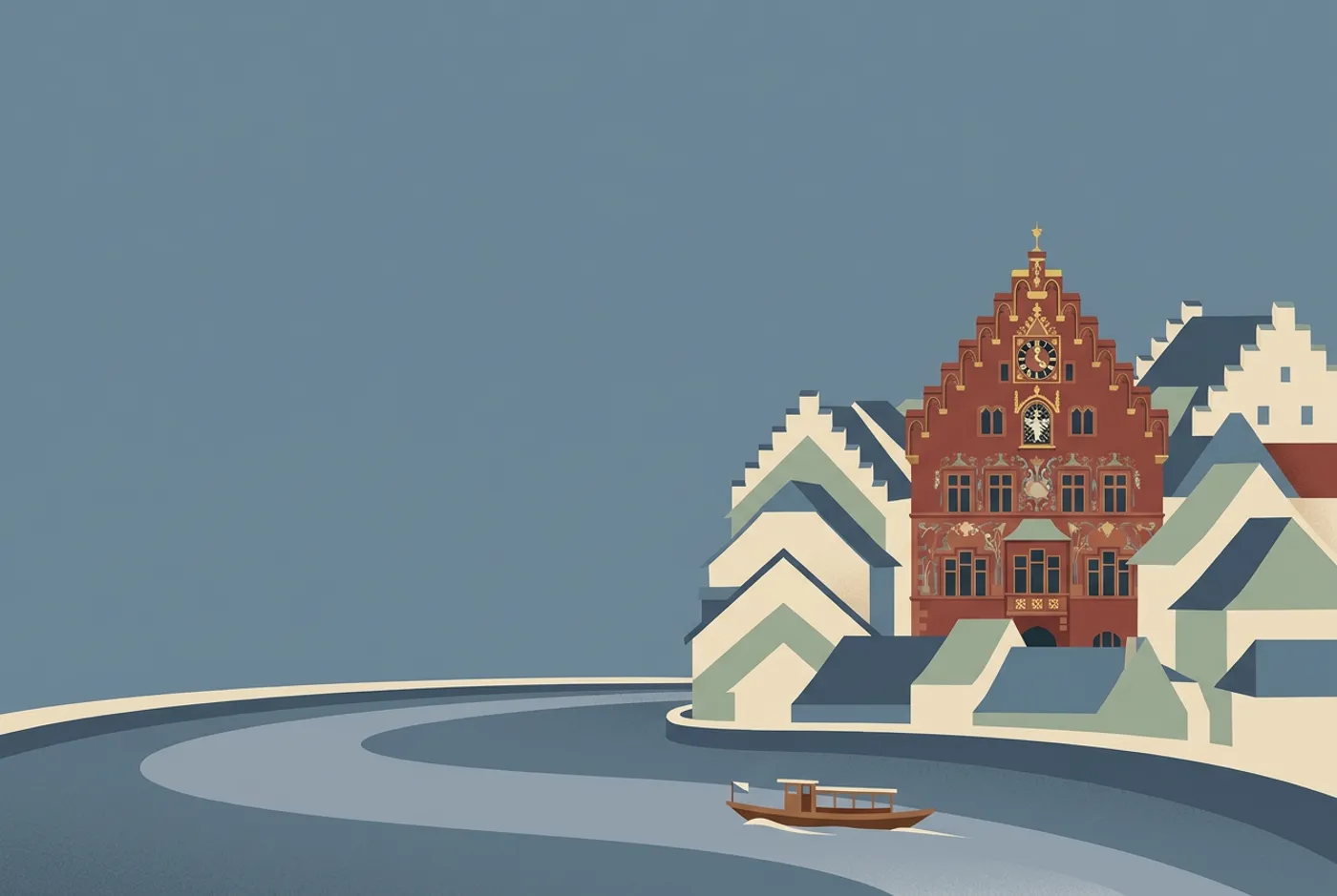 Basel on the Rhine postcard illustration in flat vector style with the Rathaus town hall