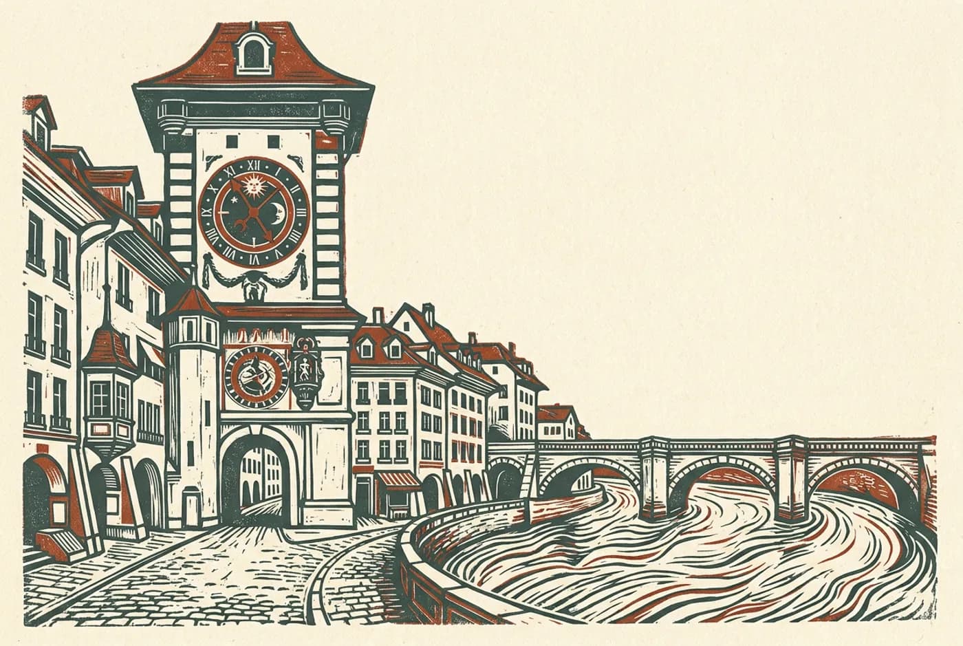 Bern Old Town postcard in two-color linocut style with the Zytglogge clock tower and arcades