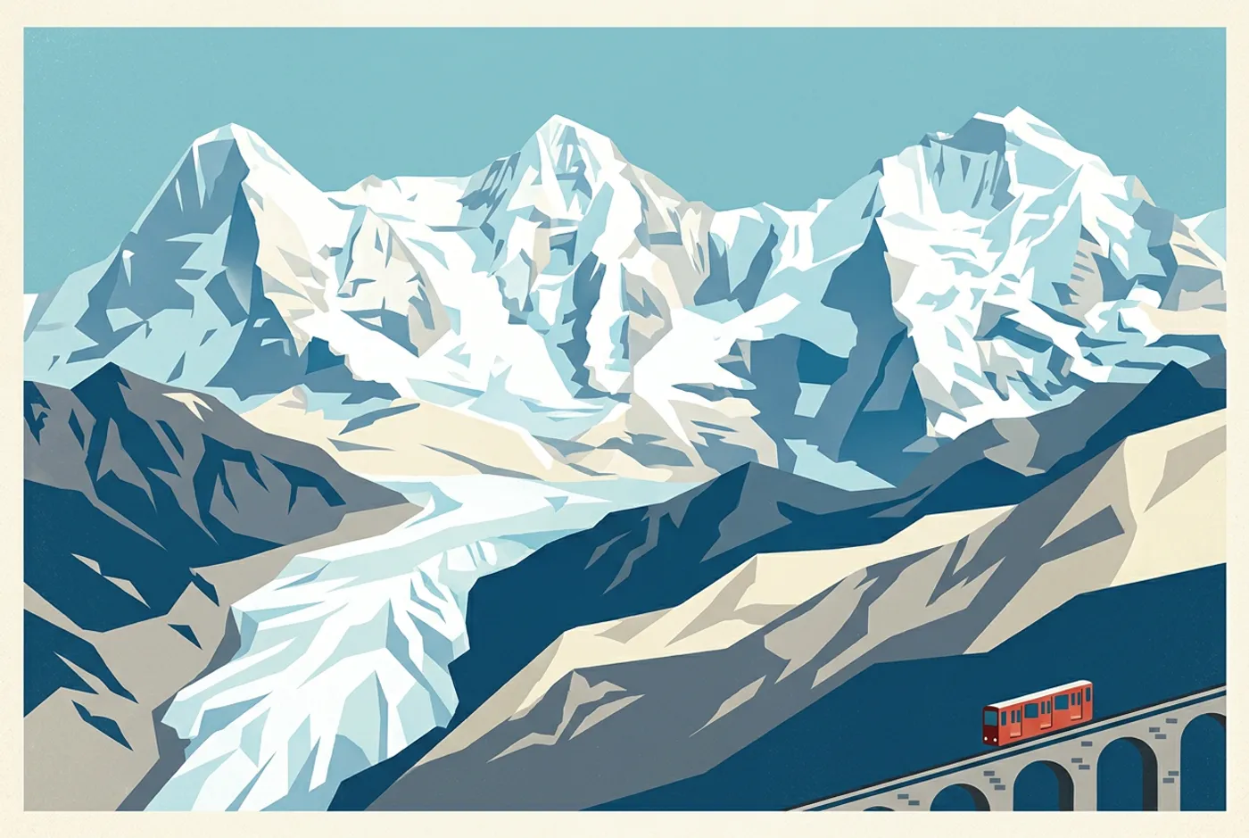 Vintage travel poster style Jungfrau postcard in glacier white and deep alpine blue